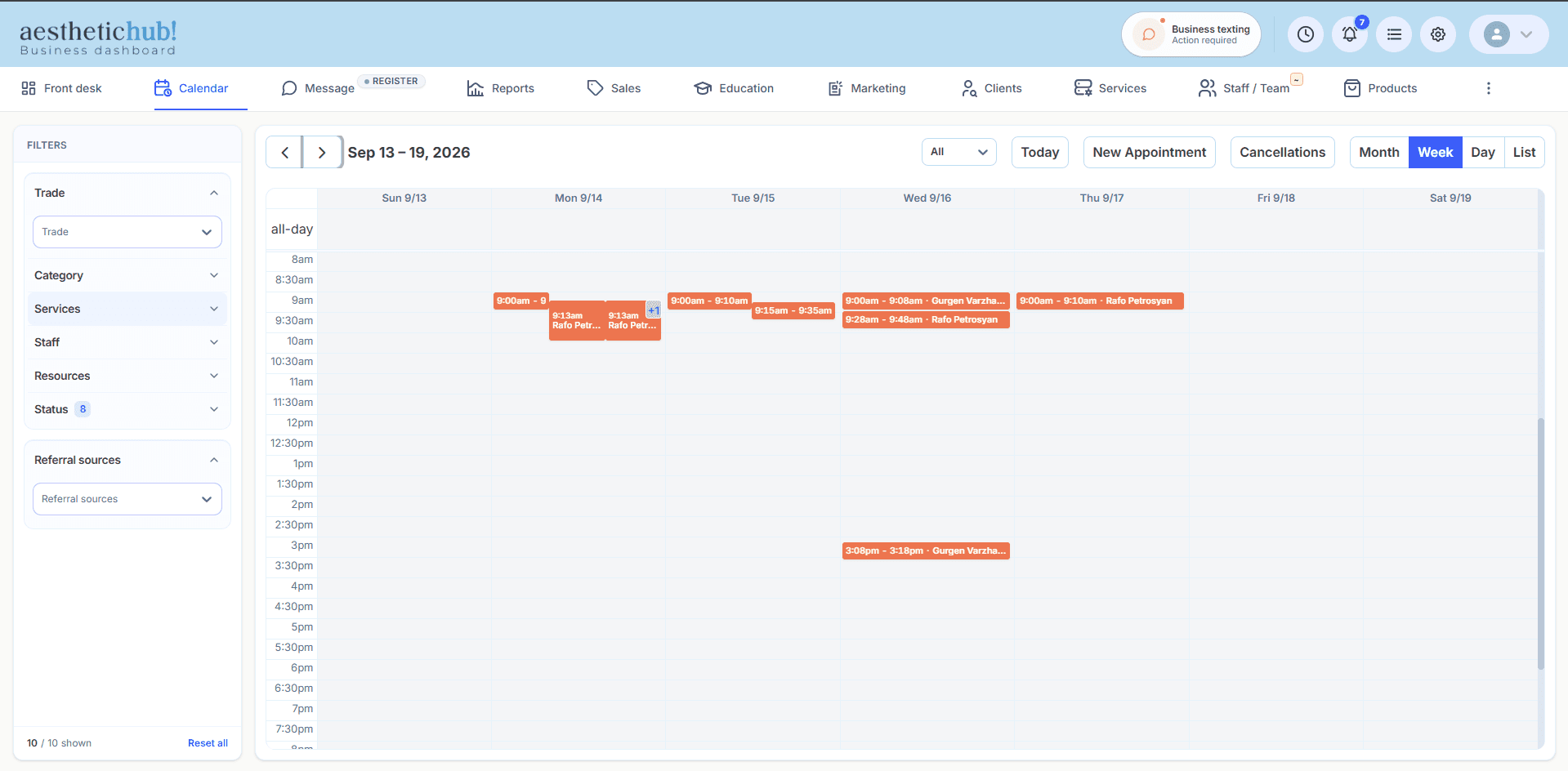 Aesthetic Hub calendar, client scheduling, and business dashboard